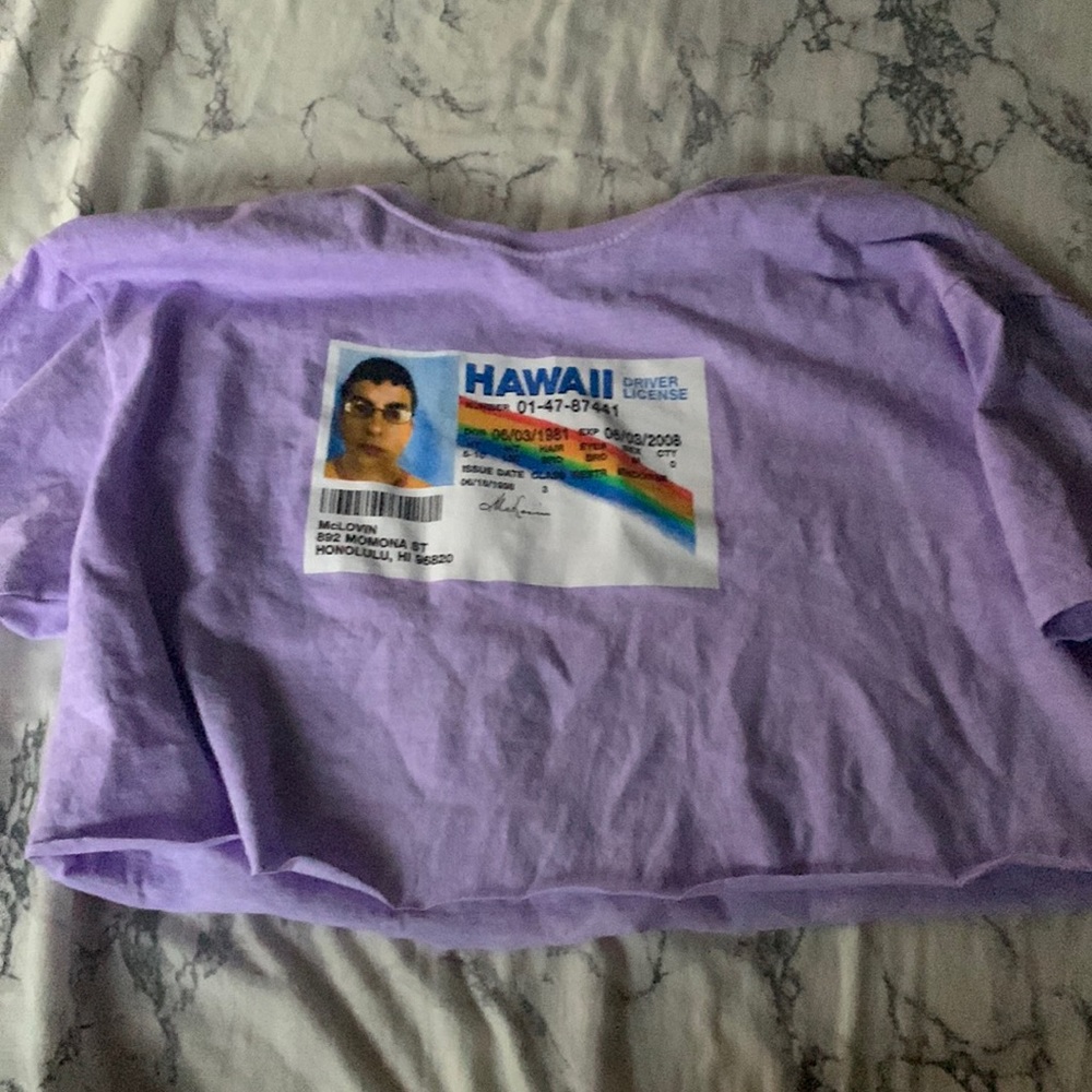 McLovin license crop purple shirt